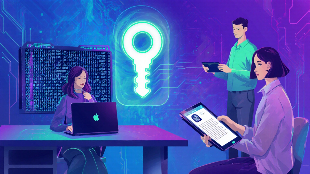Alice and Bob exchanging an encrypted message using RSA and ECC keys on devices.