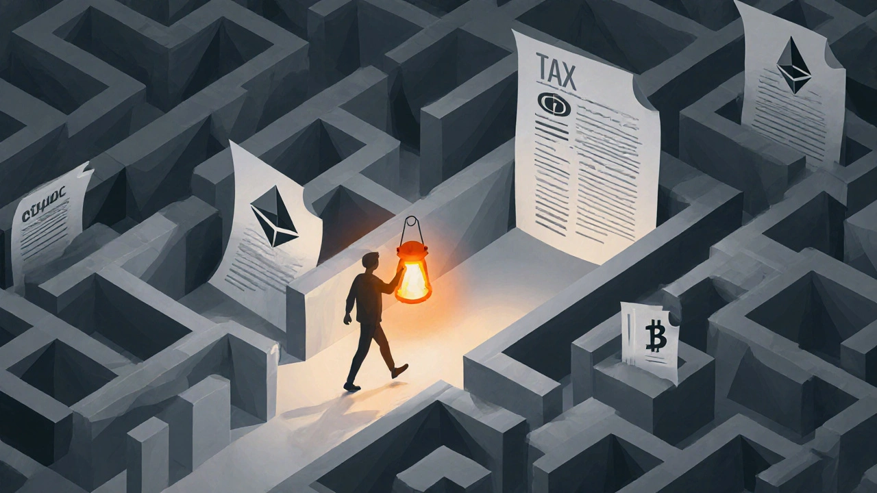 Figure navigating a maze of tax documents and crypto symbols with a lantern.