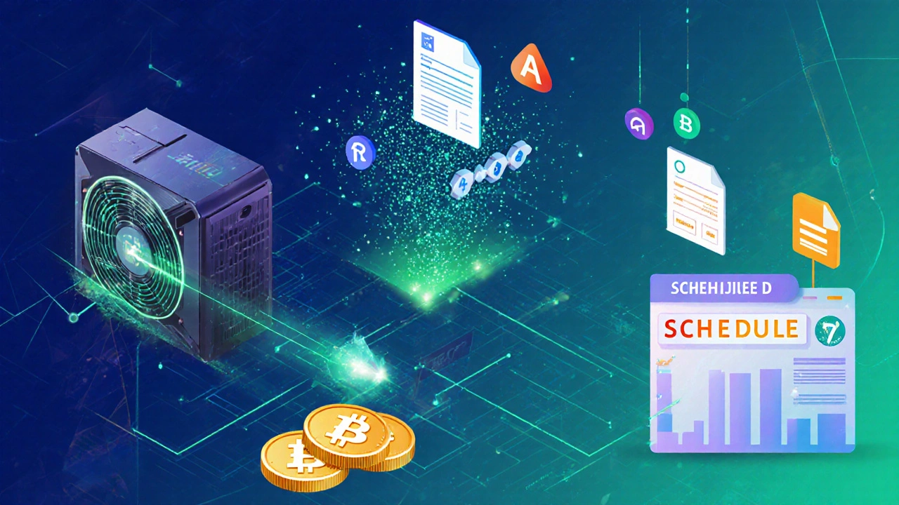 Illustration of mining, staking, airdrop, and exchange linked to tax form icons.