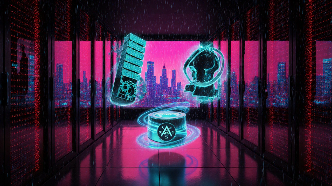 Neon cyberpunk server room showing hybrid encryption handshake between asymmetric and symmetric keys.