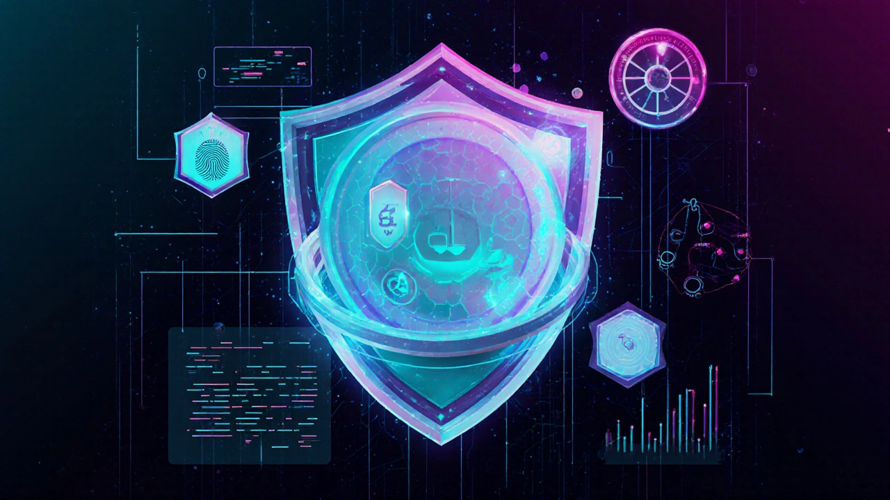 Abstract art of a blockchain ledger protected by KYC, staking, and random sampling layers.
