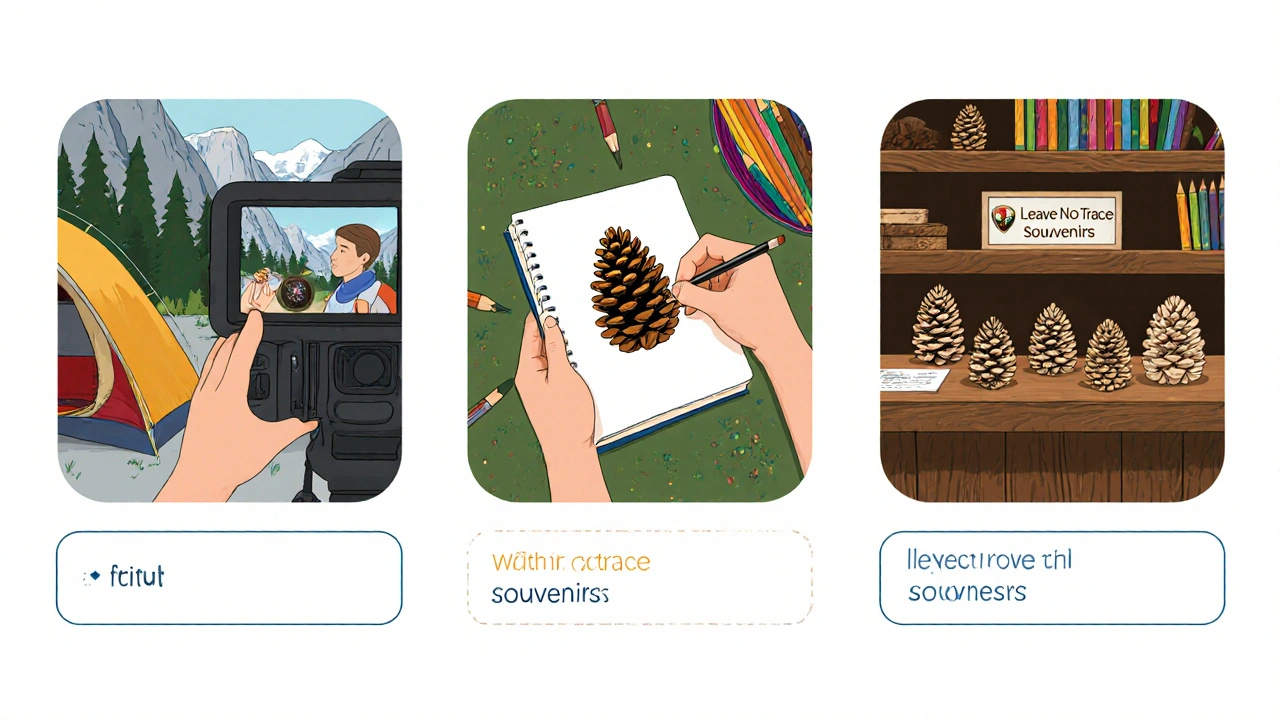 Camper photographing, sketching, and viewing replica pine cones as legal souvenir options.