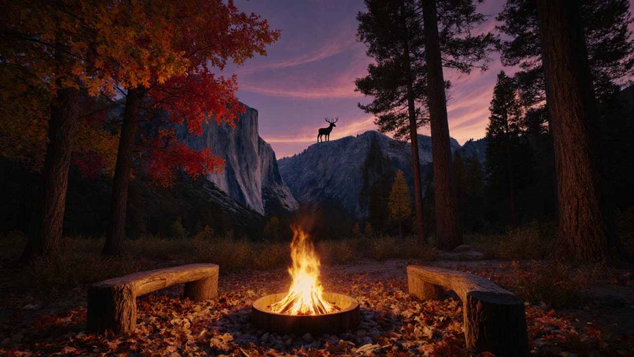 Campfire in a fall forest with vibrant foliage and an elk silhouetted against twilight.