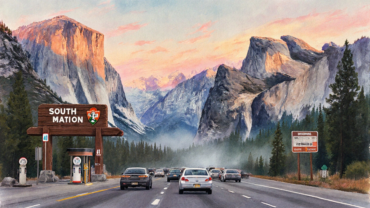 Cars line up at the South Entrance with El Capitan and Half Dome behind.