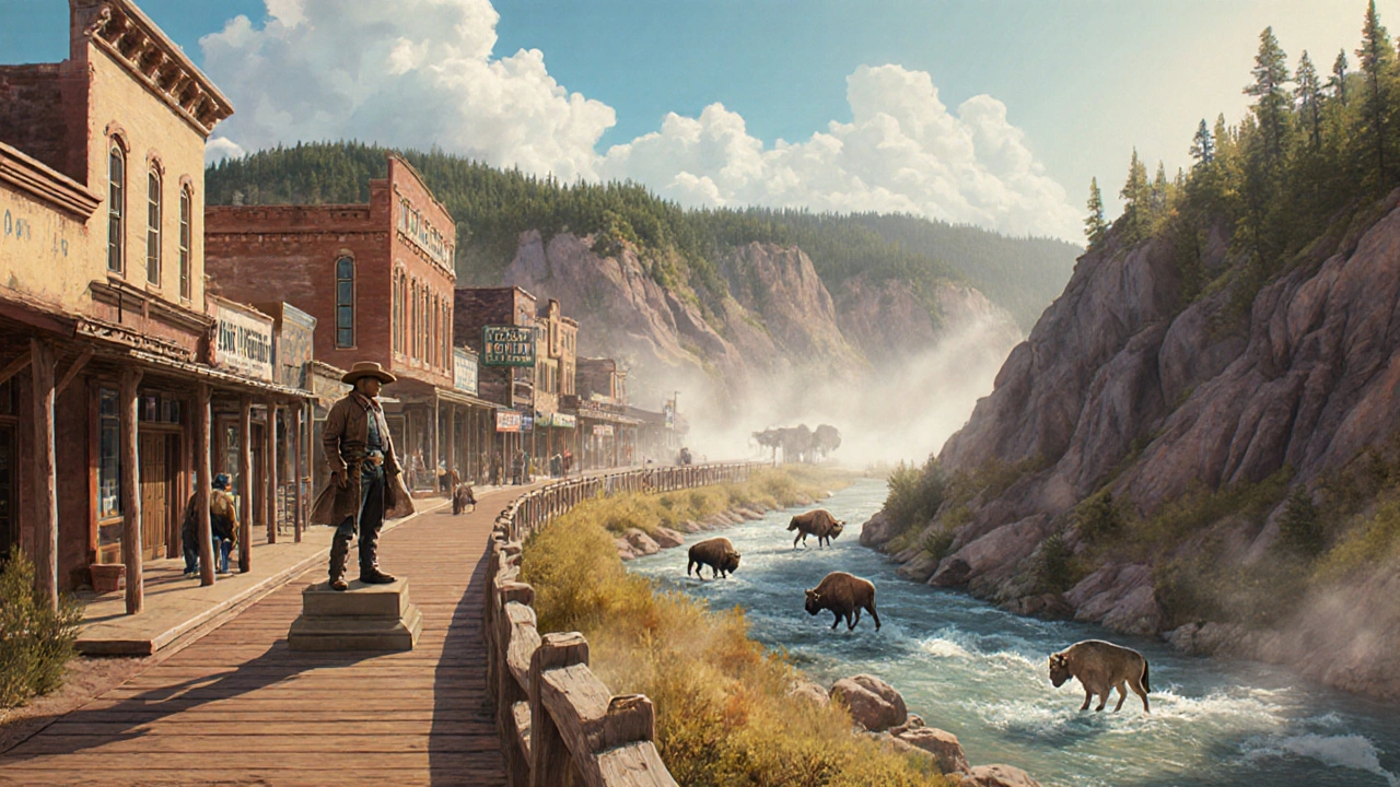 Cody, Wyoming frontier town with museum and road leading to Yellowstone's East Entrance, wildlife in distance.