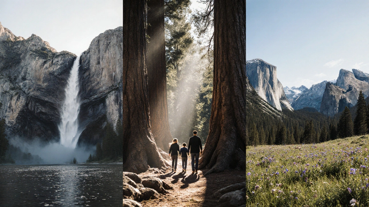 Collage of Hetch Hetchy reservoir, Wawona sequoia grove, and Tioga Pass meadow.