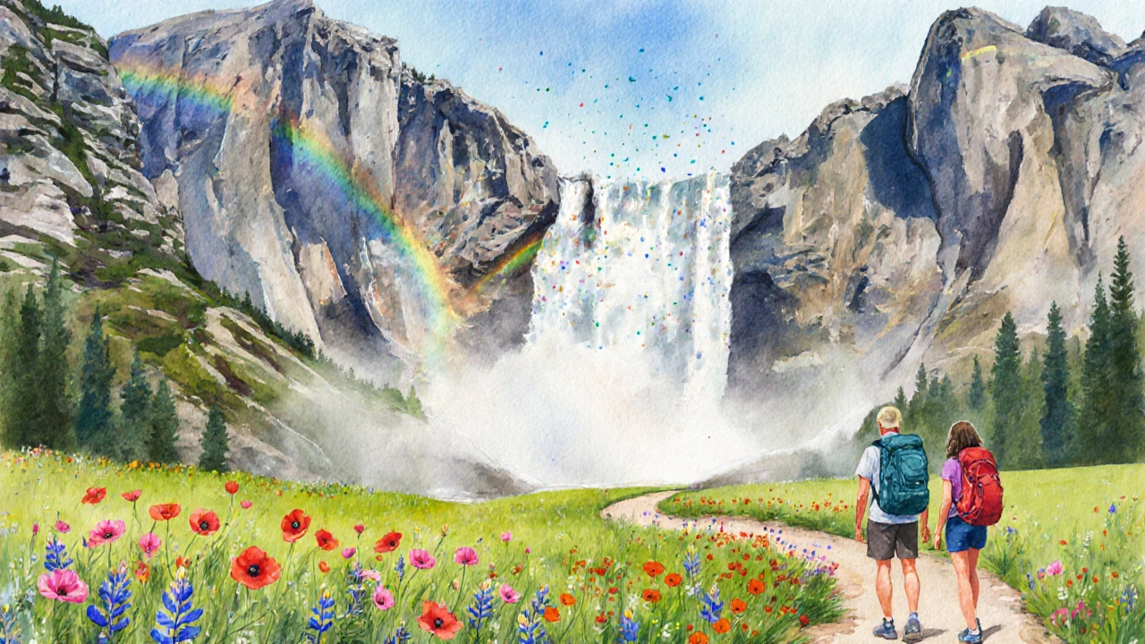 Colorful spring scene of hikers near a roaring waterfall surrounded by blooming wildflowers.