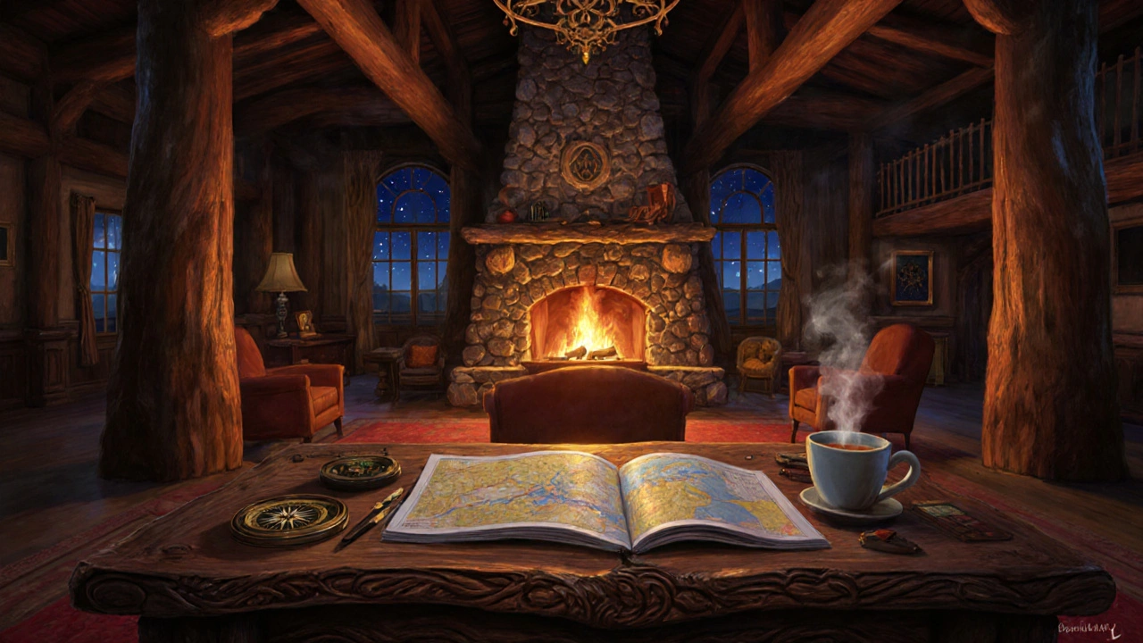 Cozy Old Faithful Inn lobby with fireplace and travelers reviewing a map.