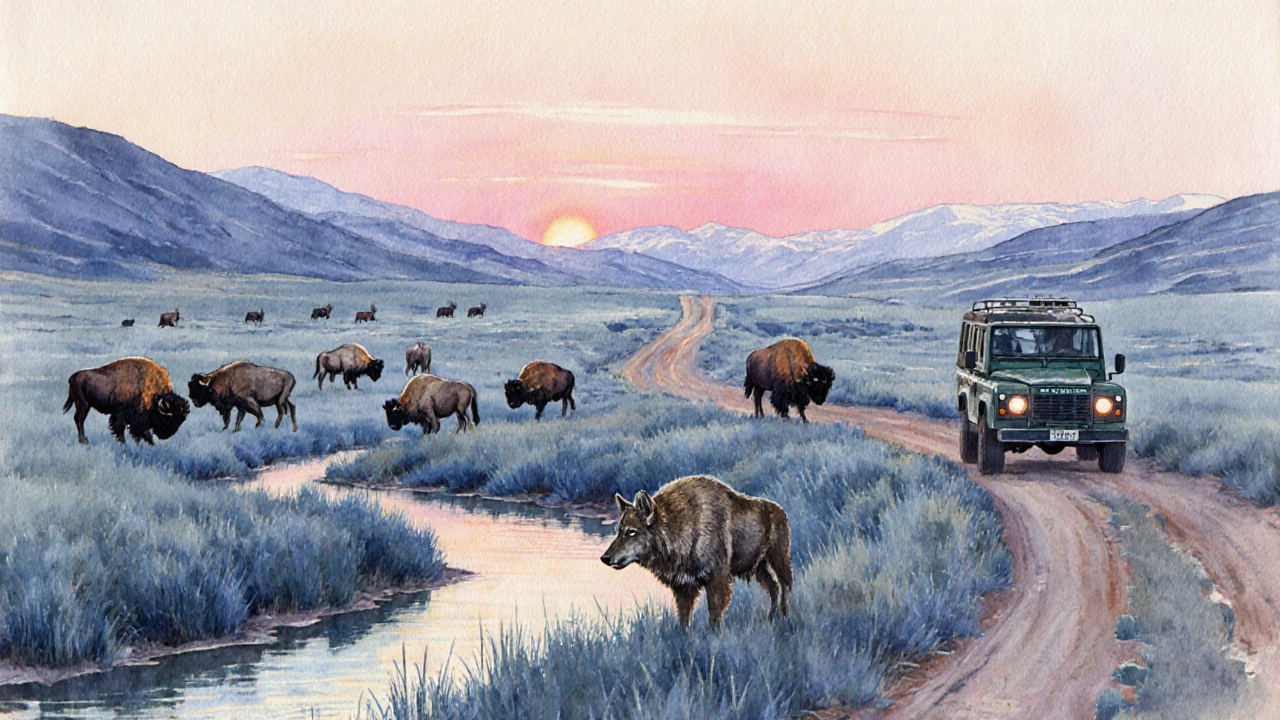 Dawn wildlife drive in Lamar Valley showing wolves and bison near a river.