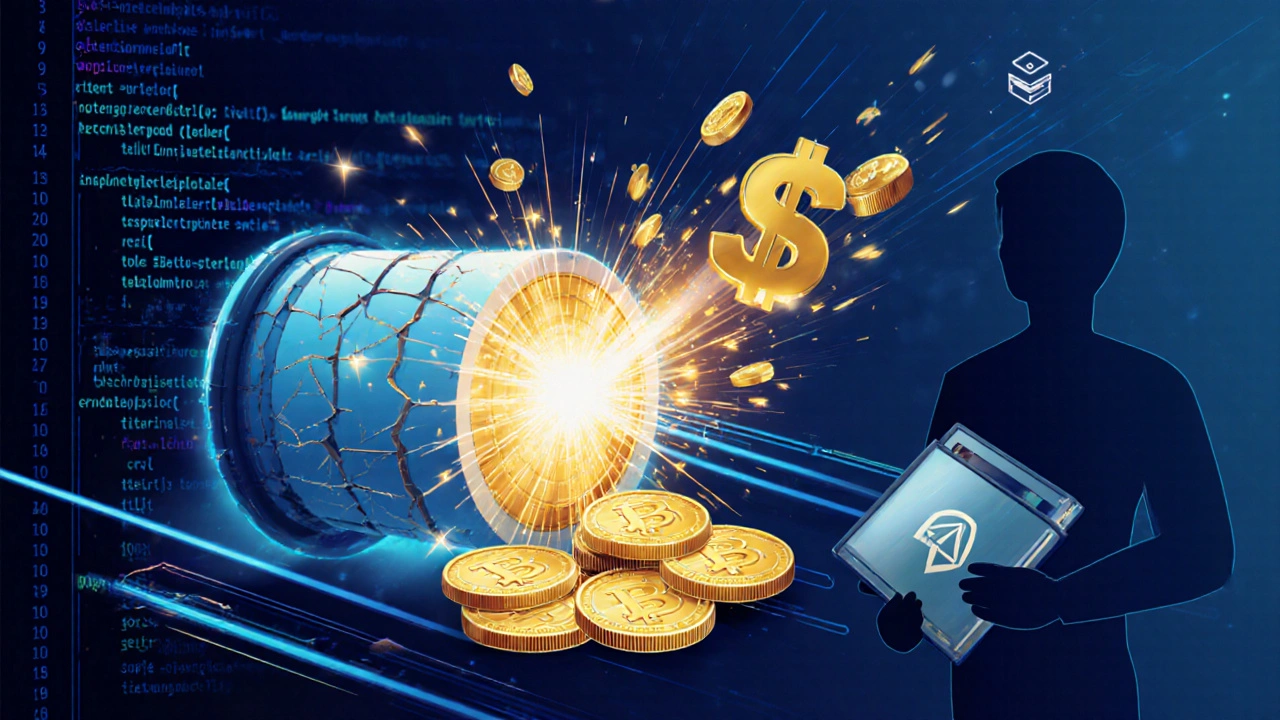 Dynamic artwork showing tokens quickly moving from a risk pool to a user's wallet after a hack.