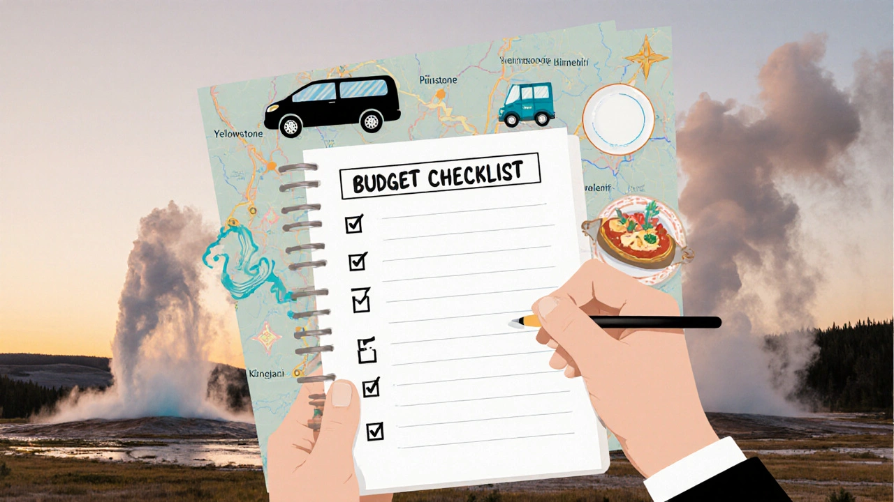 Hand holding a travel checklist over a faint Yellowstone map with icons.