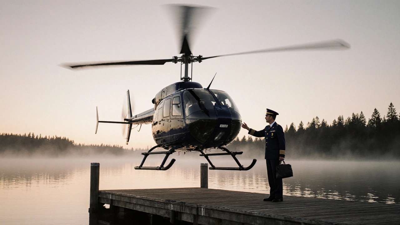 Helicopter hovering above misty lake dock at dawn, pilot guiding a passenger.