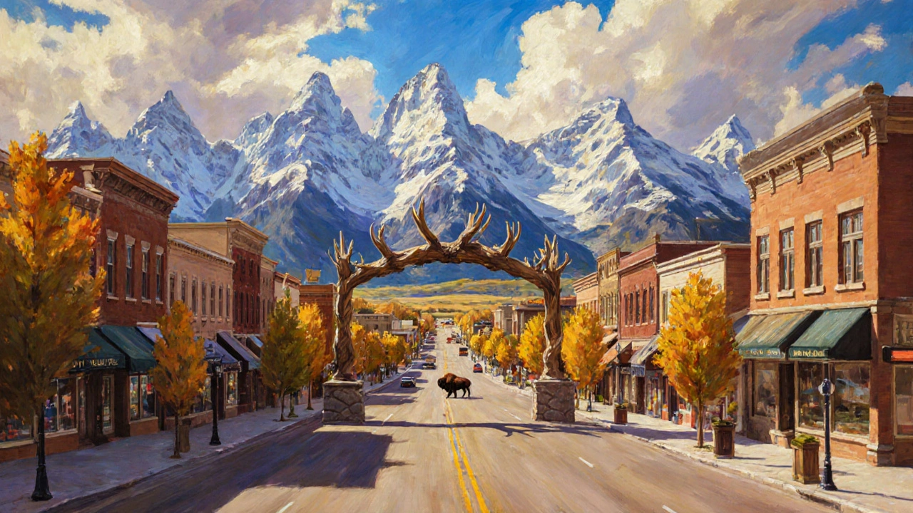 Jackson Hole town square with elk antler arch and Teton Mountains in the background, road leading to Yellowstone.