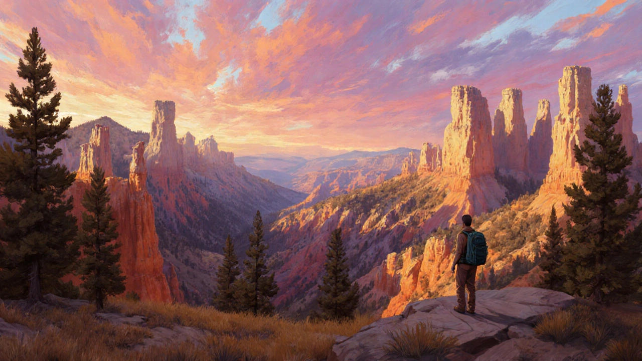 Oil painting of sunrise over Bryce Canyon hoodoos with a lone hiker at the rim.