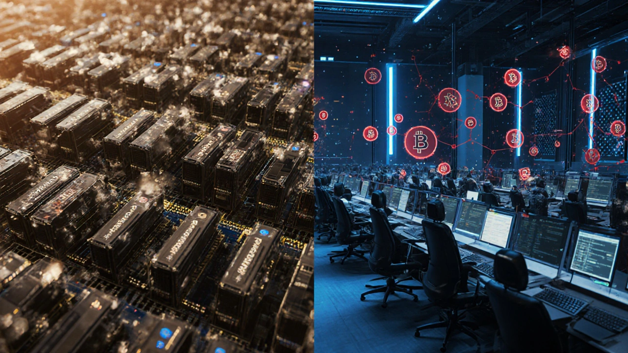 Photorealistic split scene of PoW mining rigs and PoS validators under Sybil pressure.