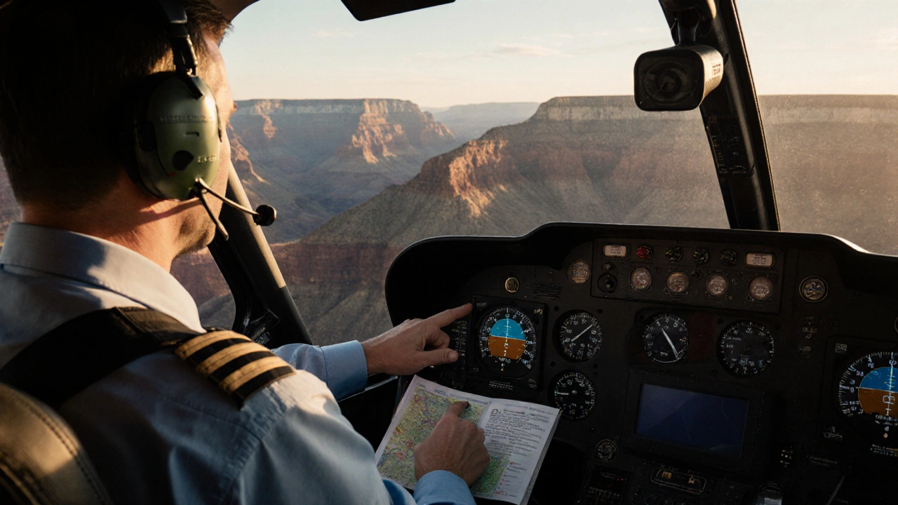 Pilot in cockpit pointing at map while a passenger listens, canyon visible outside.