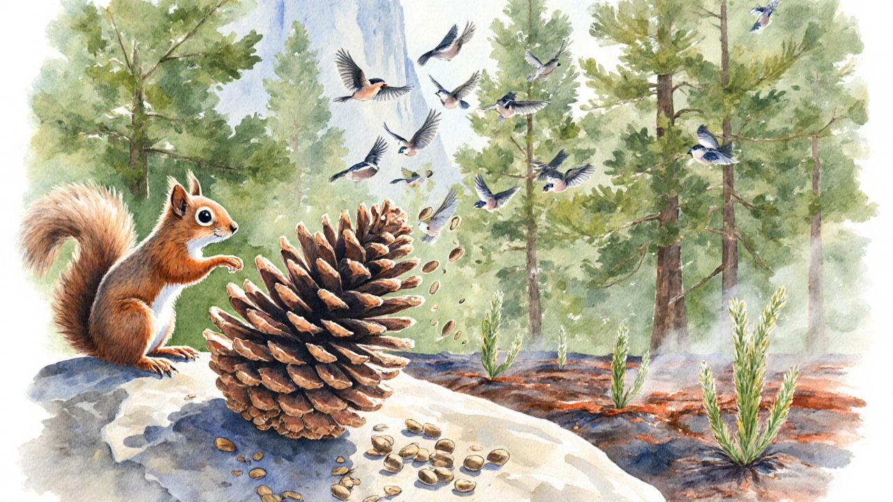 Pine cone releasing seeds while a squirrel and birds observe, highlighting forest regeneration.