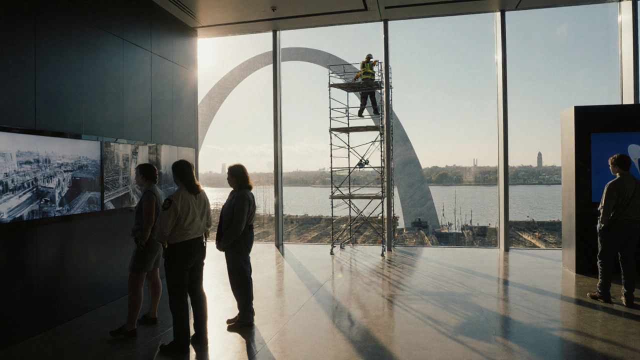 Ranger guiding visitors in the visitor center while workers maintain the arch.