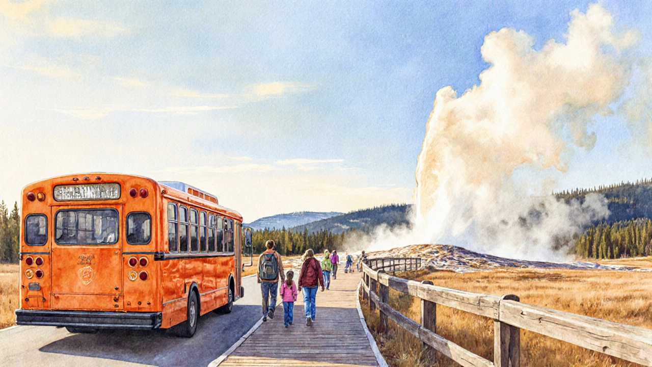 Shuttle bus at Old Faithful boardwalk as the geyser erupts in morning light.