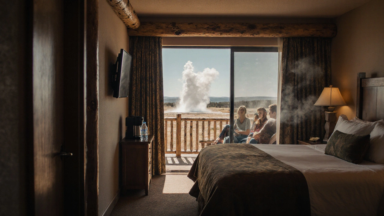 Spacious Dakota room interior with balcony view of geyser and family relaxing.