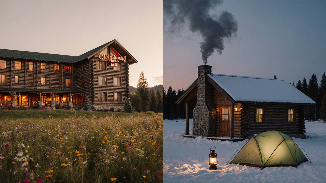 Split scene of Old Faithful Inn in summer and cabin in snowy winter beside a tent.