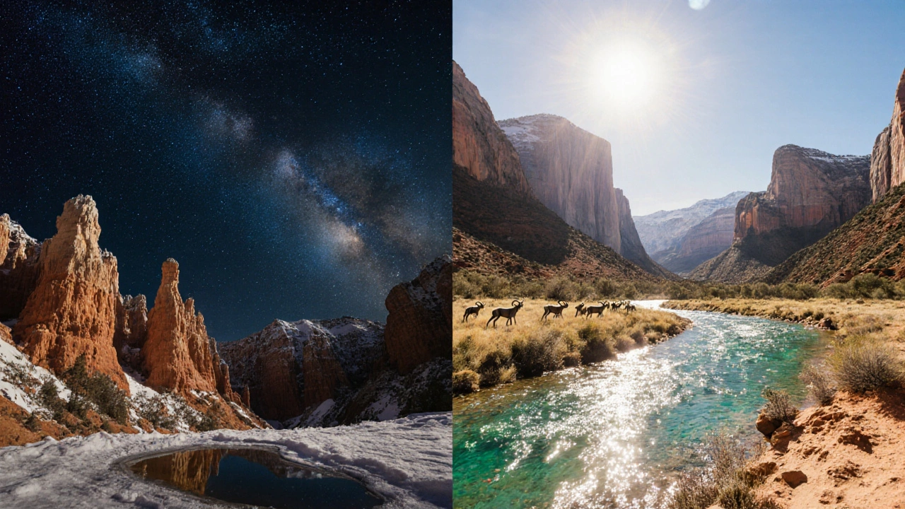 Split scene showing Bryce Canyon starry night and Zion River with cliffs and wildlife.
