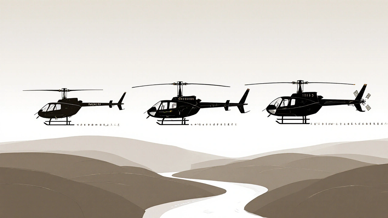 Three side‑view helicopters with rotor trails over stylized hills, showing speed differences.