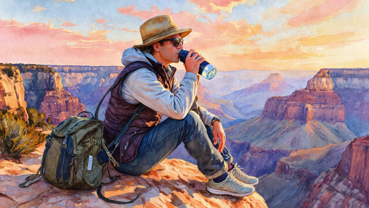 Traveler resting on canyon overlook at sunset, gear laid out, enjoying the view.