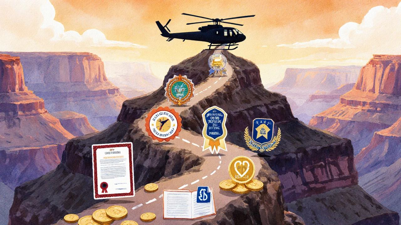Watercolor career roadmap showing pilot certifications and salary growth symbols.