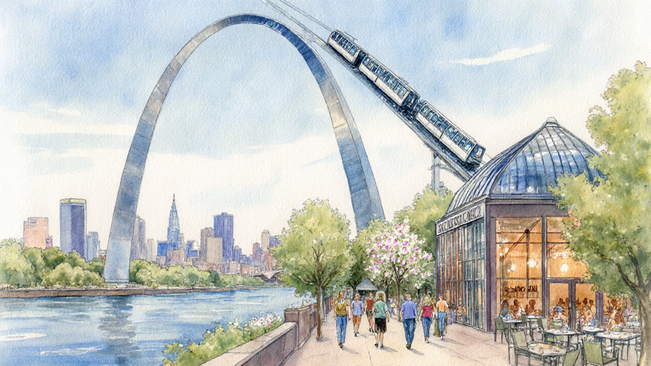 Watercolor scene of tourists on the riverfront trail with the arch and tram.