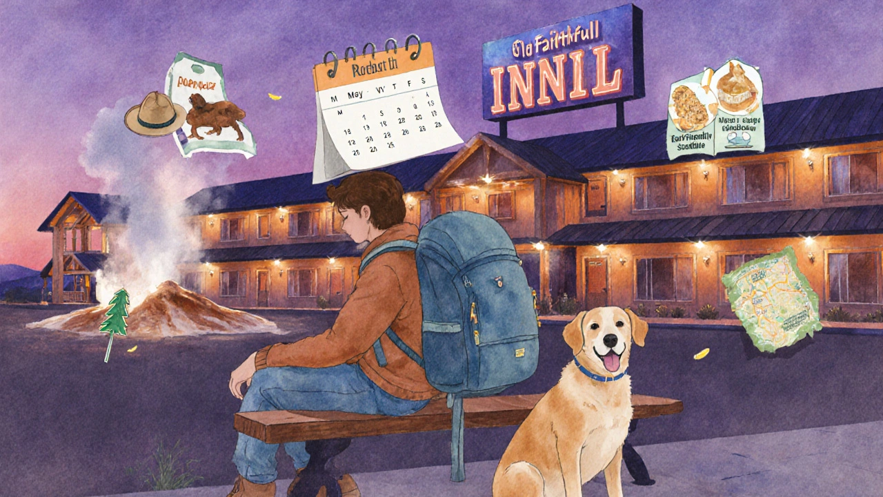 Watercolor scene of traveler planning budget trip, dog beside, inn at dusk.